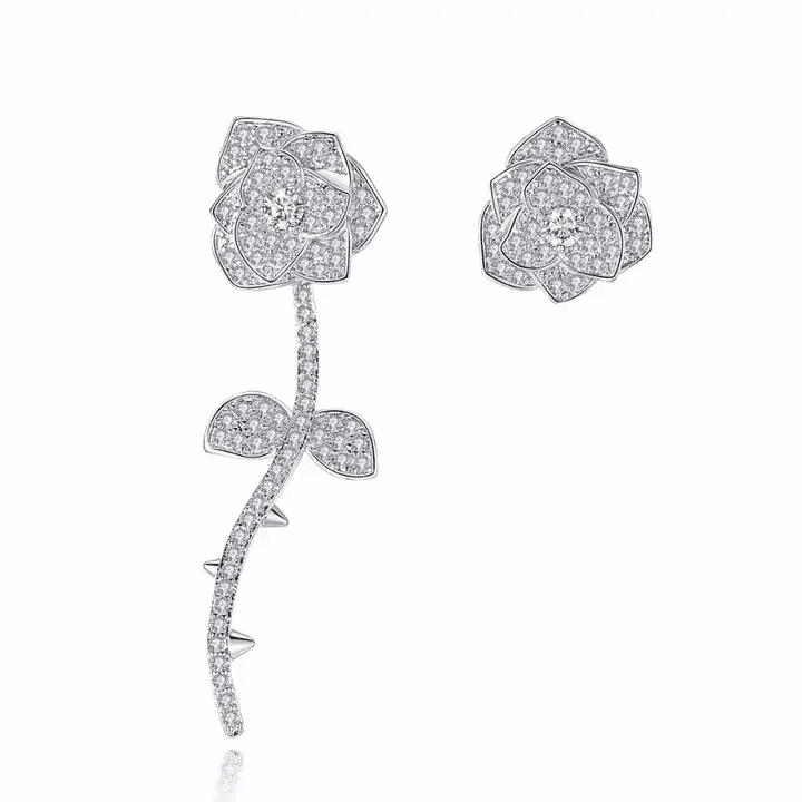 High quality cubic zirconia asymmetrical rose stud earrings